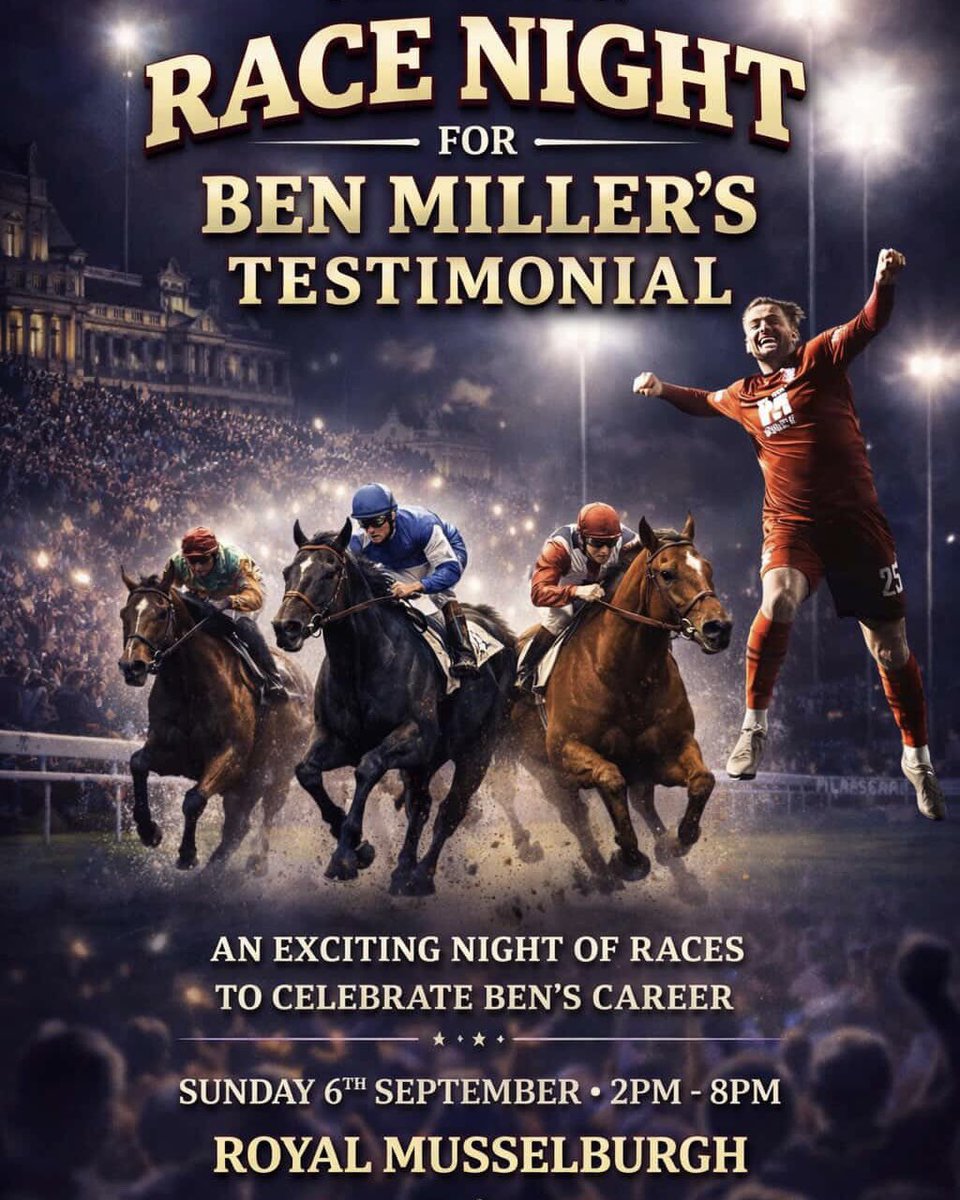 TranentFC's tweet photo. 🎟️ 𝐁𝐞𝐧 𝐌𝐢𝐥𝐥𝐞𝐫 | 𝟏𝟎 𝐘𝐞𝐚𝐫𝐬 𝐀𝐭 𝐓𝐡𝐞 𝐁𝐢𝐠 𝐓

Join us in celebrating Ben Miller’s 10 years at Tranent FC at what promises to be a brilliant afternoon. 👏

🗓️ Sunday 6th September 2026
⏰ 2pm Start
📌 Royal Musselburgh Golf Club
🎟️ £30 per ticket

🎤 Davie Martin on the mic
🤩 Auctions, football cards, raffles and more

For tickets, please contact: 07706 079367, 07852 546128 or 07951 485622. 📲

Come along and celebrate a fantastic servant to the club. 👊

#TheBelters 🇱🇻 #LieForrit