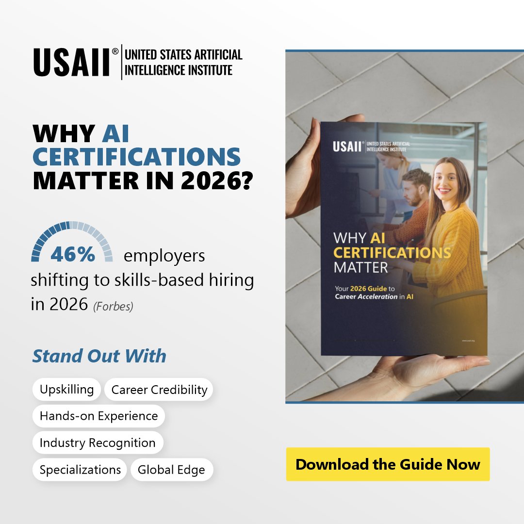 usaiinstitute's tweet image. AI is reshaping careers and creating new opportunities at scale. Discover how AI certifications can help you build in-demand skills, gain industry recognition, and accelerate your career in 2026. Download the guide tinyurl.com/367n5pj7

#AICertification #AICareers #USAII