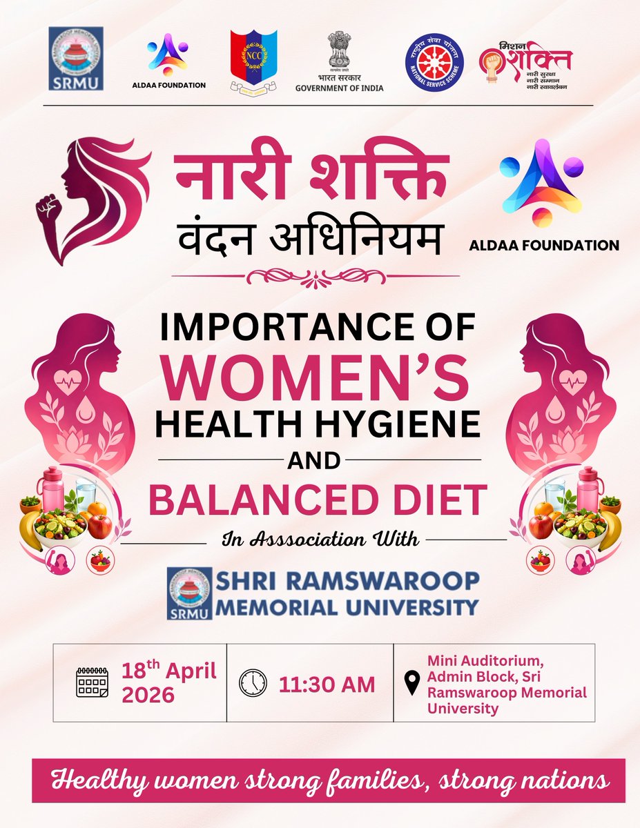 AldaaFoundation's tweet image. Healthy Women. Strong Families. Strong Nation 💖🇮🇳

Join us for an empowering seminar on Women’s Health &amp;amp; Nutrition 🌿

📅 18 April | ⏰ 11:30 AM | 📍 SRMU

#WomenHealth #NariShakti #BalancedDiet #HealthyLiving #LucknowEvents #AldaaFoundation