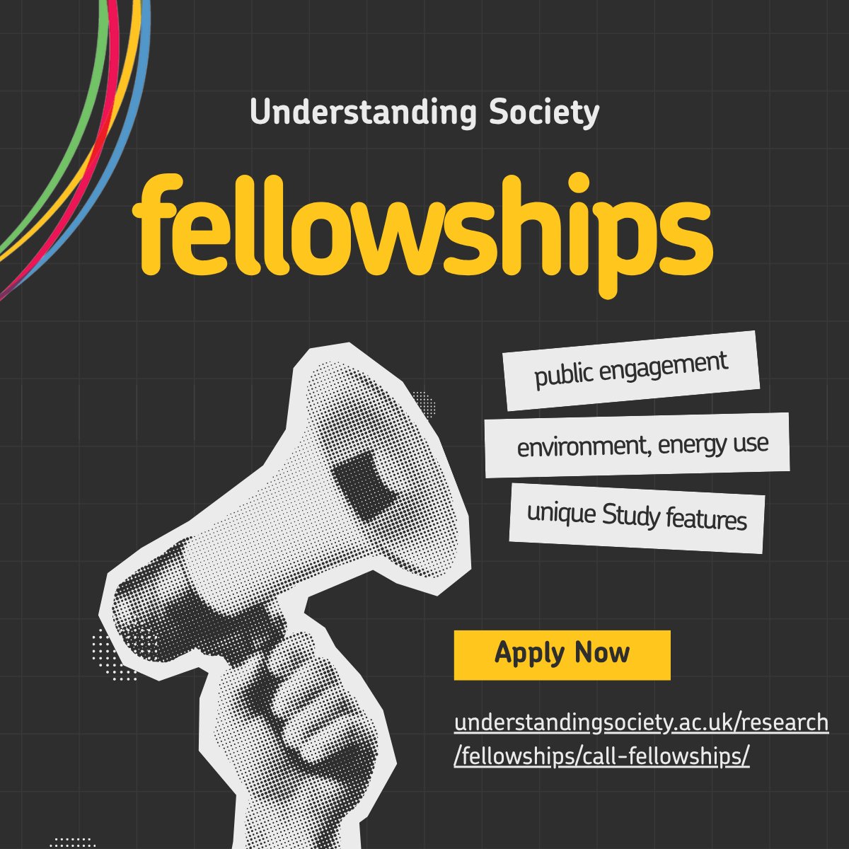 usociety's tweet photo. Call for new fellows open! We're looking for projects on three themes:  
-public engagement 
-environment, climate change, energy use 
-the unique features of UKHLS  

Read the full call and download the application form on our website: https://t.co/FRIHiuVIvP 

Apply by 27 May. https://t.co/untSBcumuZ