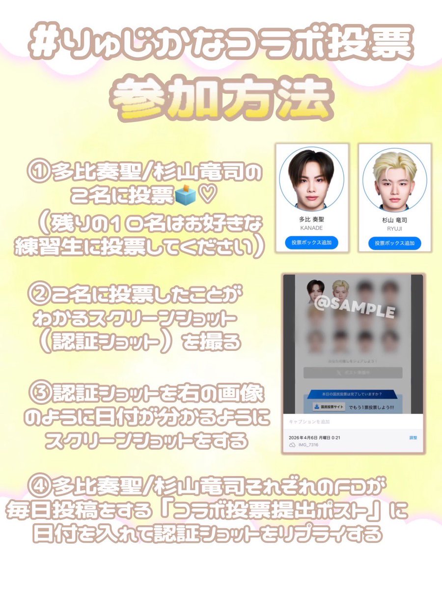 tabikanadefd's tweet photo. 【4/17 コラボ投票提出ポスト】

本日分の投票証明はこちら🗳💕

投票は【本日午前4:00まで】となっております！
いよいよ最後の投票ですㅠ ̫ㅠ♡
まだの方、出来る方は最後の1票をお願いします😭

#りゅじかなコラボ投票
＃多比奏聖くん/#杉山竜司くん＋他10名
（日付入りの投票完了画面スクショ） にコラボタ
グをつけてこのポストにリプで提出完了です^-～-^♪♥
みなさんのご参加お待ちしております💛

━━━━━━━━━━━━━━━

現在、投票数が日に日に減ってきています🥹
1票1票が本当に大切な状況です…！

少しでも多くのご協力をいただけると嬉しいです🙇🏻‍♀️💛