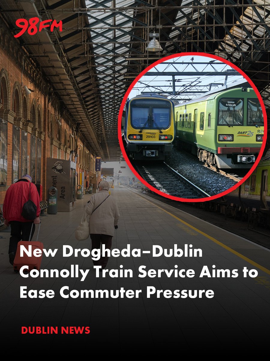 98FM's tweet image. 🚆 New 06:05hrs Drogheda to Dublin Connolly morning service to commence from Monday 20th April. 👀

🔗 Read more on 98FM.com

#98fm #dublin #transport
