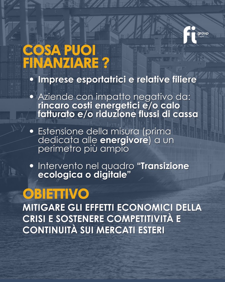 FIGroupIT's tweet photo. Nuova misura #SIMEST a sostegno delle imprese #Export e delle filiere colpite dalla crisi nel Golfo: ​

✅ 800 M€ di risorse
✅ fino a 5 M€ a tasso min. 0,3%
✅ fondo perduto fino al 30% per le PMI

Più liquidità per competere sui mercati esteri 👉 https://t.co/IvsWiRoGg8 https://t.co/8tc90fBxbw