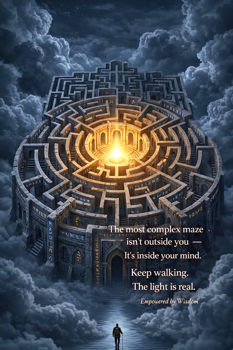 ladiekerrie's tweet photo. The most complex maze isn't outside you-
It's inside your mind.
Keep walking.
The light is real.
- Empowered by Wisdom https://t.co/H6SxpZskp2