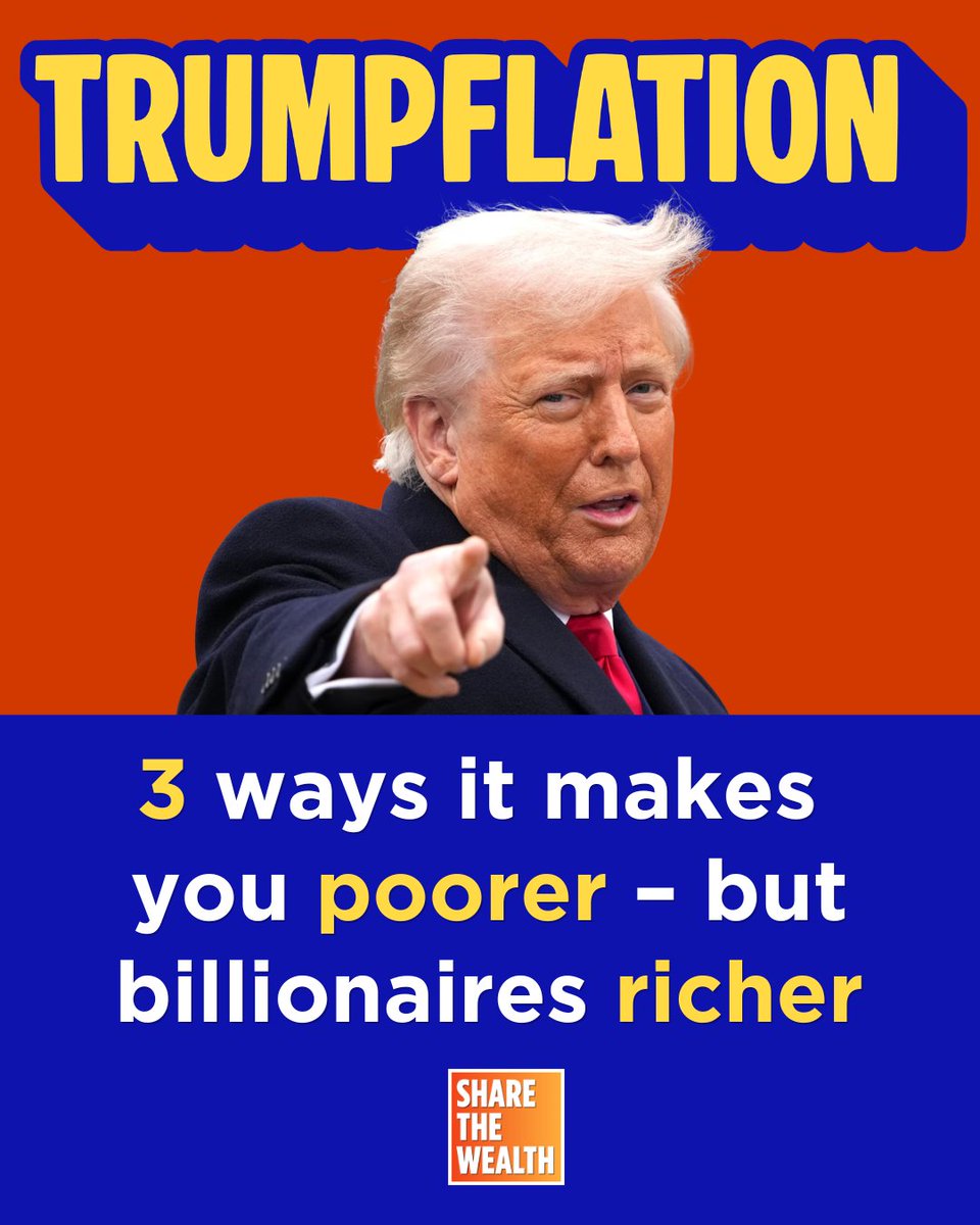 sharewealthuk's tweet photo. Trumpflation is making you poorer but making billionaires richer:

🥫Prices up, from petrol to food
🏠Mortgage rates up
💊NHS drug costs up

Donald Trump is helping his friends make billions while you struggle to pay the bills. https://t.co/OTnmizJI2C