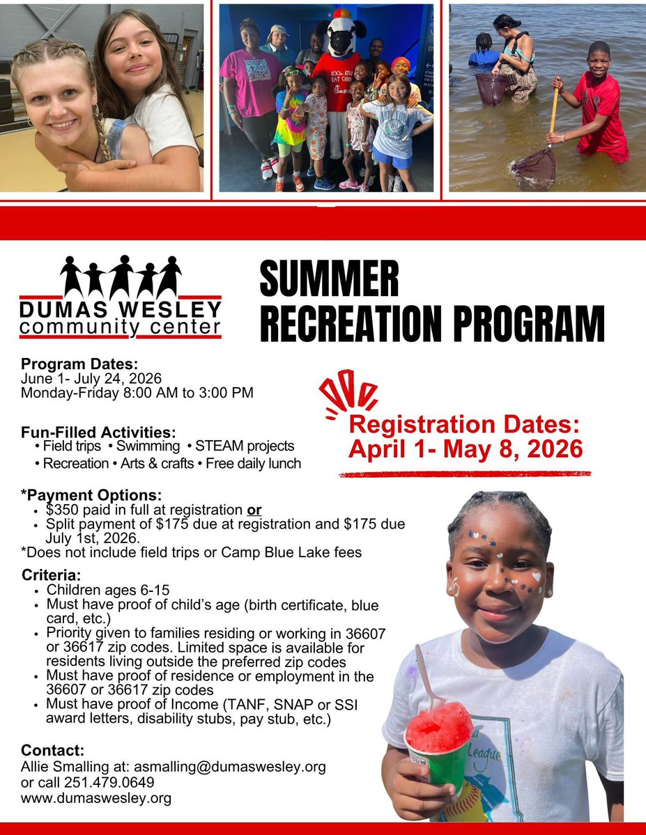 Registration is underway for Dumas Wesley Community Center's Summer Recreation Program. Applications are accepted Monday–Friday from 9 a.m.–4 p.m. in the administrative office. Click on the link to learn more. dumaswesley.org/summerprogram/