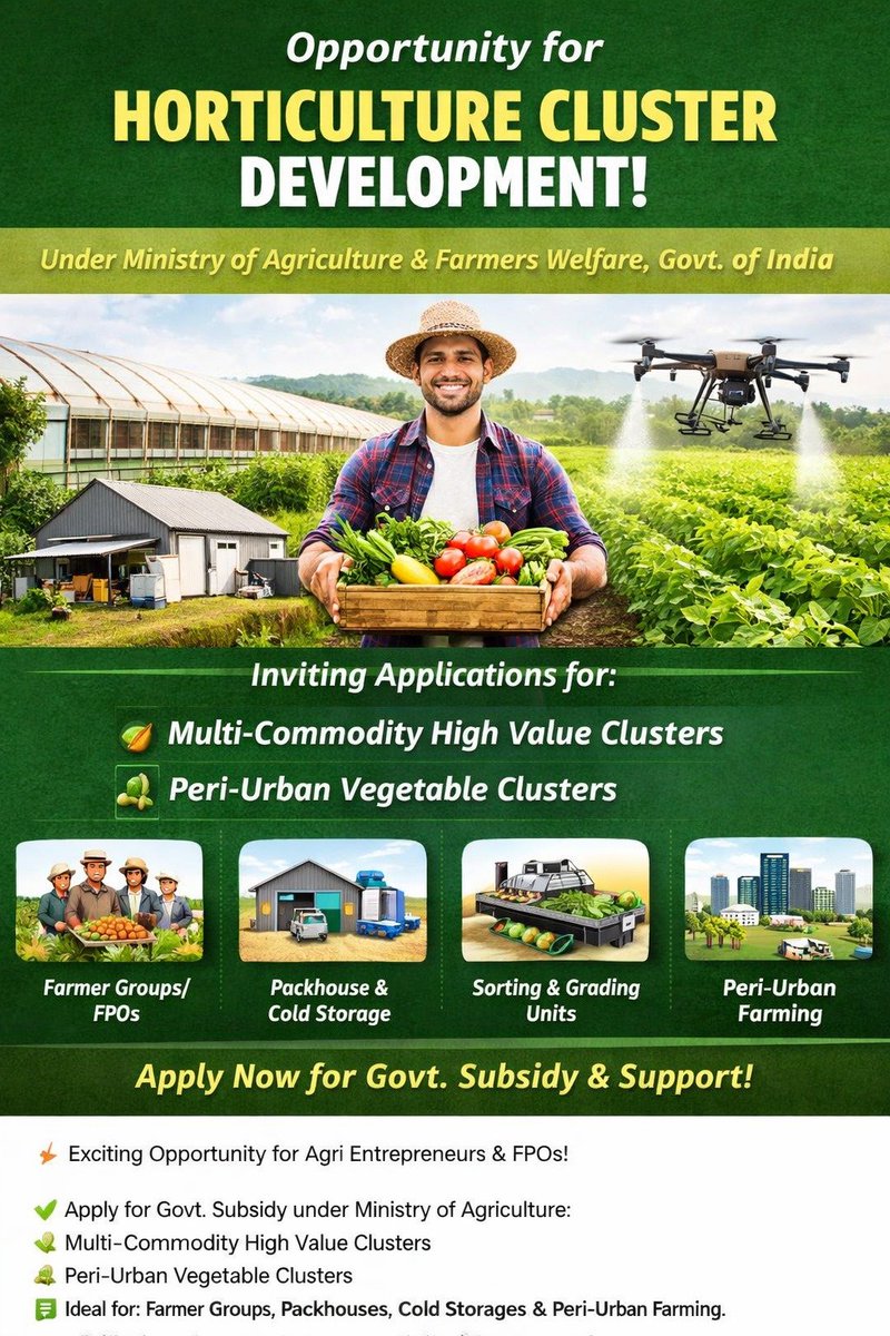 ICEx_PRO's tweet photo. Horticulture Cluster Development Opportunity | Govt. Subsidy
A major opportunity is now open under the Ministry of Agriculture and Farmers Welfare for the development of Horticulture Clusters across India.

Contact: 
Akshata Dabade
+91 96190 04262
akshata@fundgini.com https://t.co/i0ZeBW9Kv5