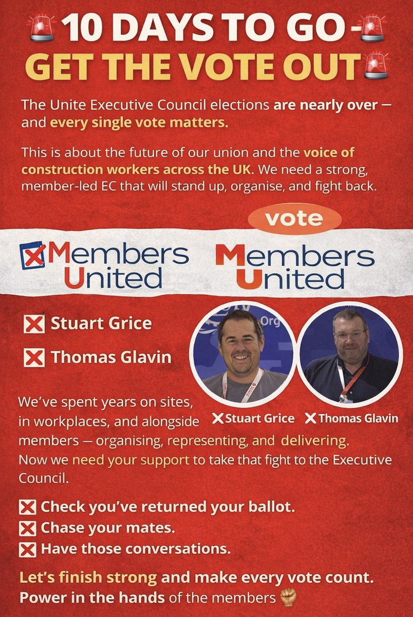 🚨 10 DAYS TO GO 🚨
Unite Executive council elections 
Every vote matters.
VOTE 
✖️ Members United
✖️ Stuart Grice
✖️ Thomas Glavin

📬 Return your ballot
📣 Get the vote out ✊
#MembersUnited