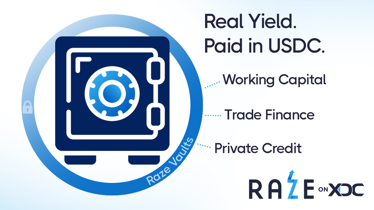razefinance's tweet photo. Here's what's actually live and coming soon on Raze on XDC. Four real vaults. Four real asset classes. All paying in USDC. 👇 https://t.co/EWdgGCgDST