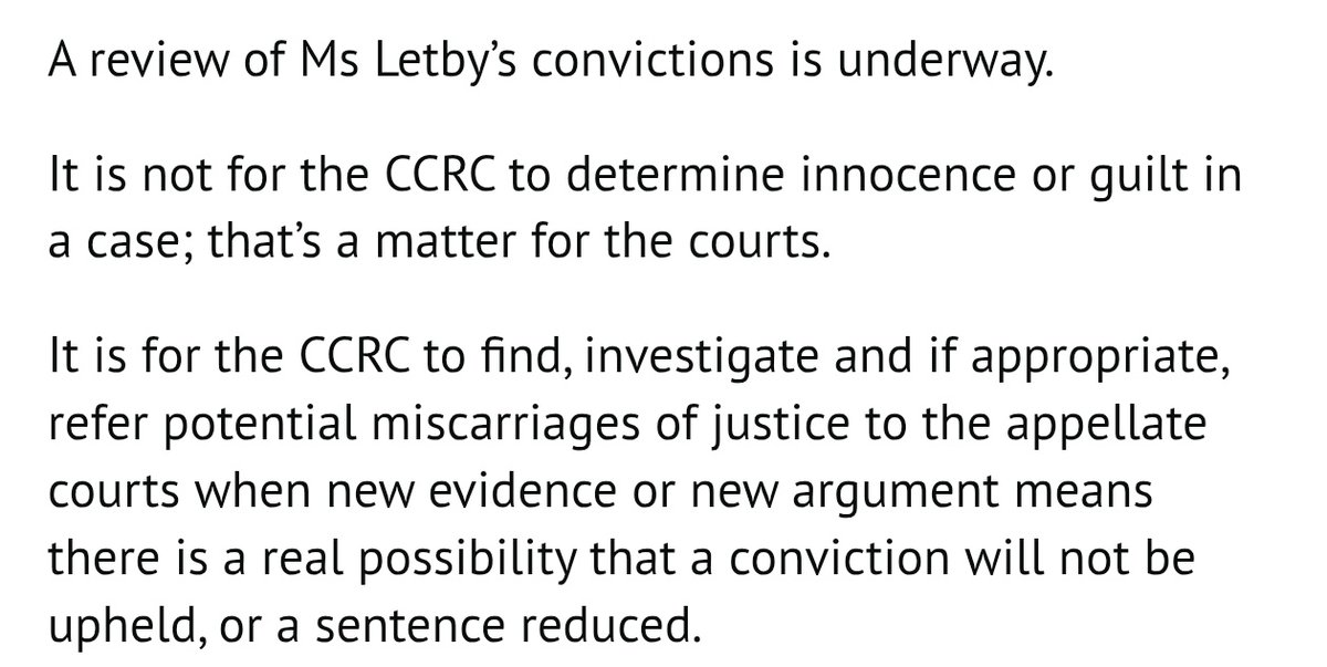 homerghost's tweet photo. @LucyLetbyTrials The CCRC said this themselves in their statement in February.

"new evidence OR new argument"

"conviction will not be upheld OR a sentence reduced"

Her case unquestionably ticks these boxes. https://t.co/Th2Svg7mtT