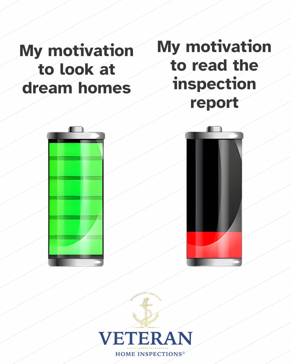VeteranHomeInsp's tweet image. Motivation to look at dream homes: 🔋💯
Motivation to read the 75-page inspection report: 🔋📉

Don't skip the fine print! We make it easy with digital, same-day delivery.

vhillc.com

#DreamHome #HomeInspection #VeteranOwned #BoerneRealEstate
