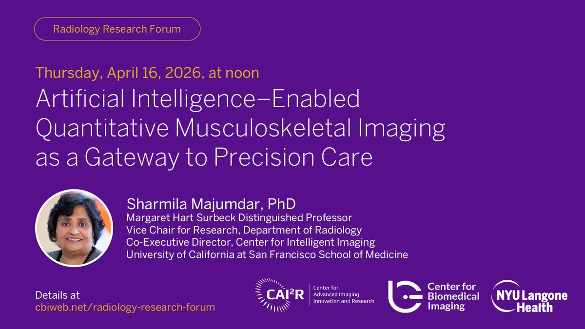 cai2r's tweet photo. On 4/16, at noon, as part of our #radiology #research forum: "AI–Enabled Quantitative Musculoskeletal Imaging as a Gateway to Precision Care," w/ @sharmilamajumda, distinguished prof. &amp; research v. chair at @UCSFimaging &amp; @UCSF_Ci2 co-director.

Talk info: https://t.co/rT5ur8gbft https://t.co/HifQWu1fUv