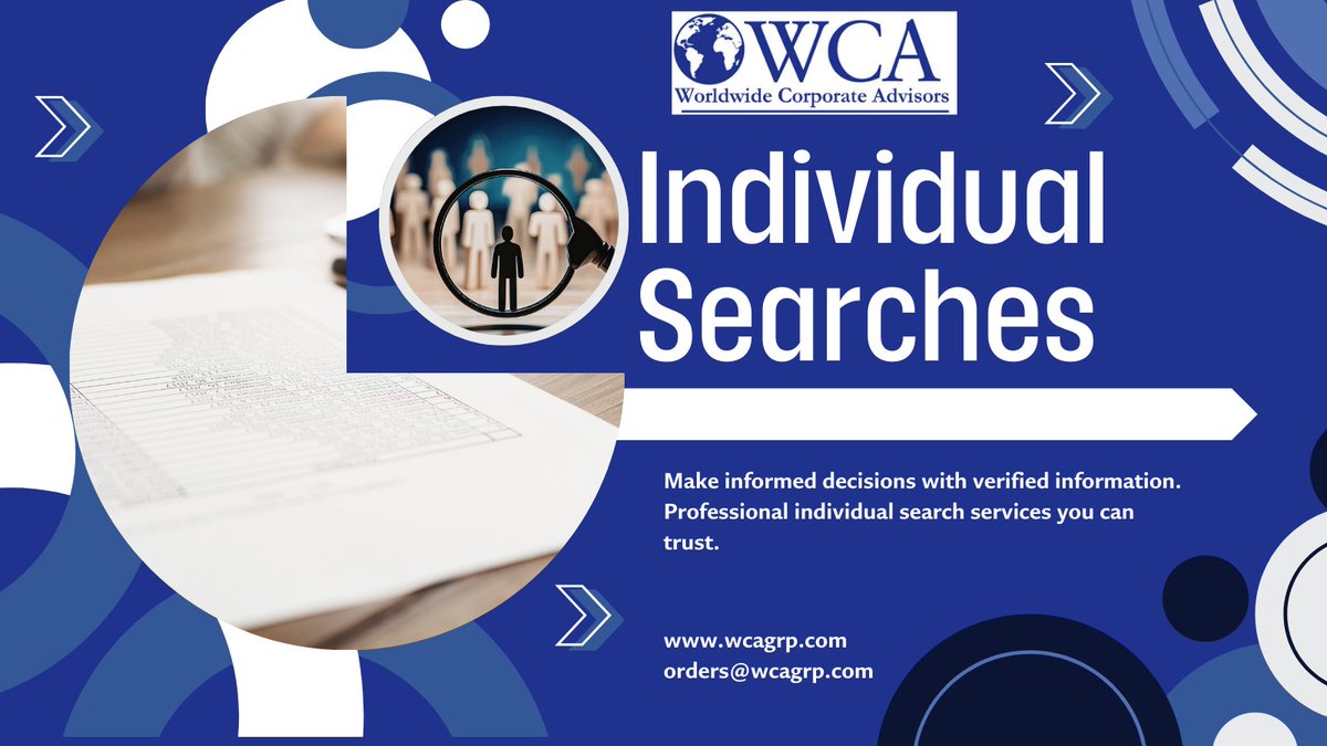 * Individual Searches *  

WCA can provide tailored individual search solutions you need to move forward with confidence.  

Visit our website and contact us to learn more.

 wcagrp.com 

#individualsearches #services #global