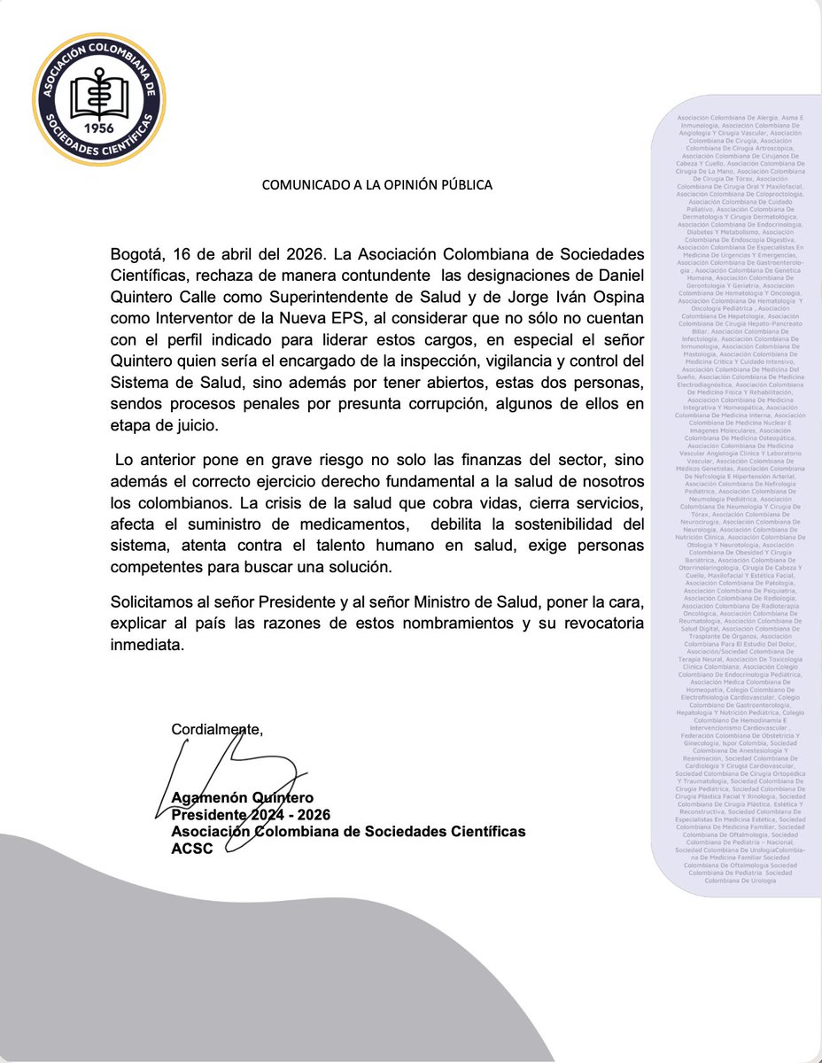 La ACSC rechaza de manera contundente las designaciones de Daniel Quintero Calle como Super de Salud y de Jorge Iván Ospina como Interventor de Nueva EPS.
El sist. de salud requiere idoneidad, transparencia y solvencia ética. Solicitamos la revocatoria de estos nombramientos.