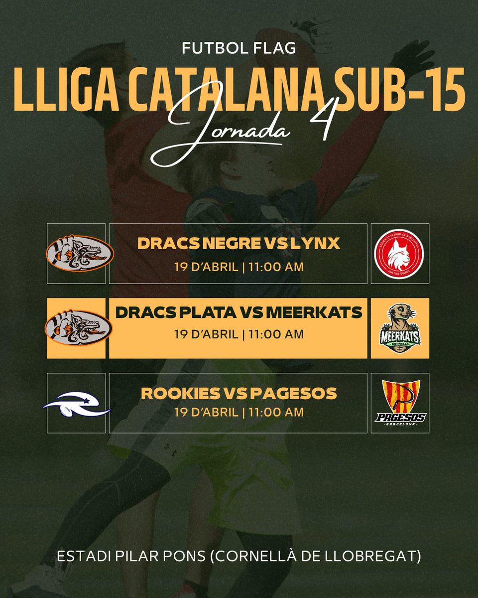 FCFAtwi's tweet image. 🏈 AGENDA CAP DE SETMANA 🏈

🏆 J4 Lliga Catalana Infantil #FutbolFlag

📆 Diumenge 19 d'abril
⌚ 10:00h
🏟️ Pilar Pons (Cornellà Llob.)

#FCFA #LCFFS15 #flagfootball @esportcat @UFECcat #Meerkats #Bacus @ASBschool @barberarookies @terrassareds @BDN_Dracs @bcnpagesos @pioners