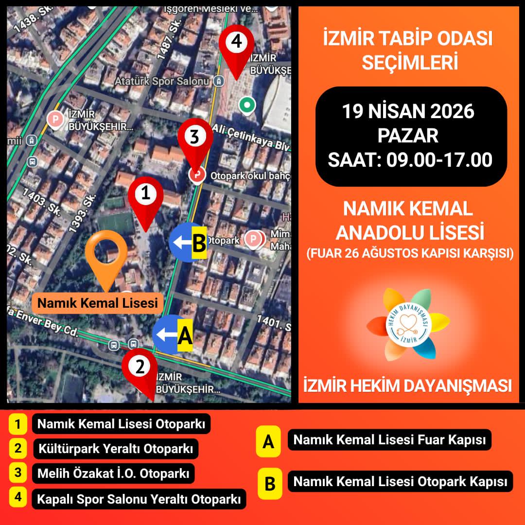 izhekdayanisma's tweet photo. İzmir Tabip Odası seçimleri
     19 Nisan2026  Pazar
 Saat 09:00 – 17:00 arasında
Namık Kemal Anadolu Lisesi
( Fuar 26 Ağustos Kapısının karşısı) 

Tabip Odası Üyelik Kartı vaya resmi kimlikleri ile oy kullanabilirler

ℹ️ Aidat borcu olması oy kullanmaya engel değildir. https://t.co/B5FlW4YnjM