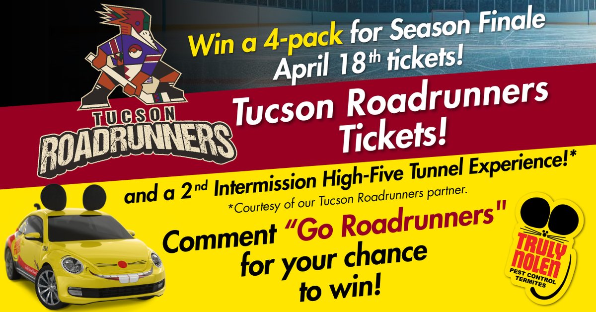 TrulyNolen's tweet image. Reply to this tweet with “Go Roadrunners” by 7p #AZ time TODAY &amp;amp; be sure you are following @TrulyNolen to have a chance to be our winner of a 4-pack of tix to Saturday 4/18's Season Finale @RoadrunnersAHL game complete with High-Five Tunnel experience! Good luck! #Tucson #Partner