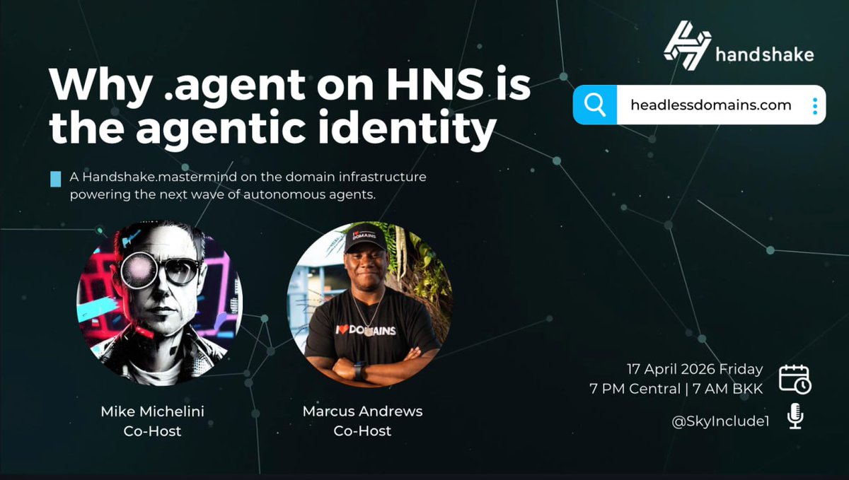 iheartdomains's tweet photo. Join me for a special AMA this Friday 4/17 at 7:00P with @michelini of @SkyInclude1 where we will be covering the upcoming launch of the .agent TLD and domains, available on Headless Domains, that will power the new Agentic AI economy 👉 https://t.co/NM0agbdlWv

#agent #hns #identity #domains