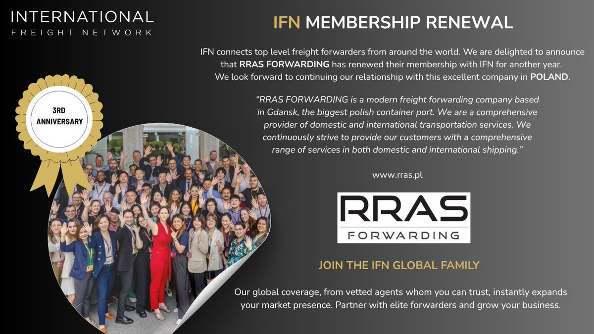 ifnnetwork's tweet photo. https://t.co/IFPkLCJvE1

RRAS Forwarding, Poland has renewed its IFN membership!

A trusted logistics partner in Gdańsk offering global road, sea, air &amp; rail solutions.

#Logistics #Freight #IFN #Poland https://t.co/7ugexEMgDN