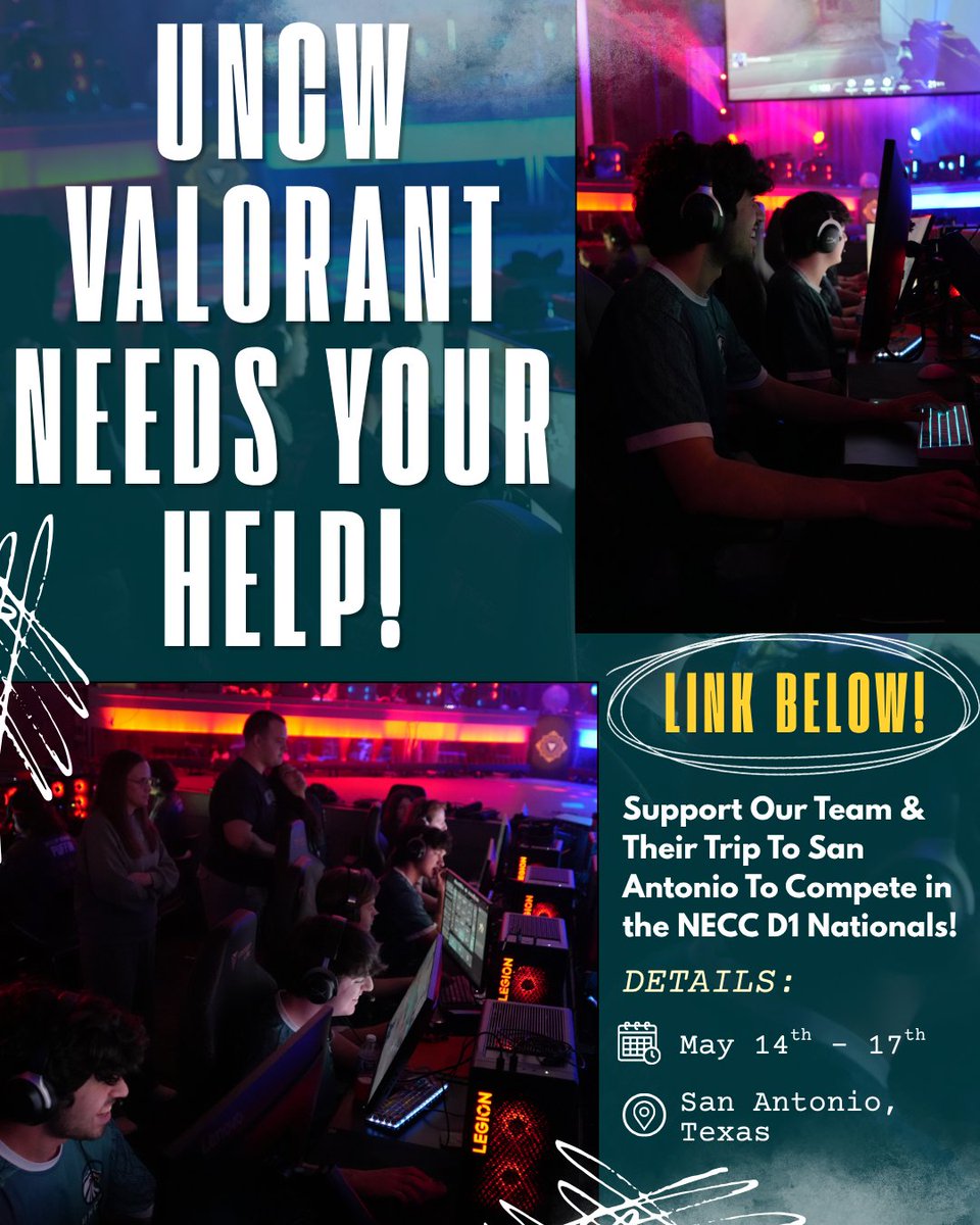 uncwesports's tweet photo. HUGE NEWS!! UNCW Valorant is Top 8 in the nation (D1) and heading to Nationals in Texas (May 14–17)!

We need your help to get there, please consider donating:
 https://t.co/iwelupeSLr
Like &amp; share to support! https://t.co/HOdrLw66kG