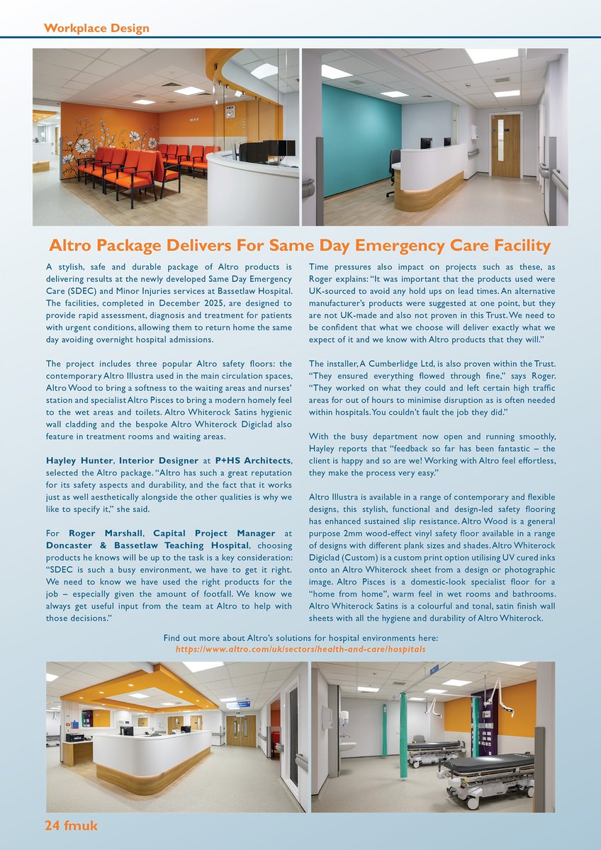 FMUKmagazine1's tweet image. Latest Issue 📰: A #stylish, #safe &amp;amp; #durable package of @AltroFlooring products is delivering results at the Same Day Emergency Care &amp;amp; Minor Injuries services at Bassetlaw Hospital.

➡️fmuk-online.co.uk/altro-package-…
@DBH_NHSFT
#facman #FacilitiesManagement #flooring #cladding #hospital