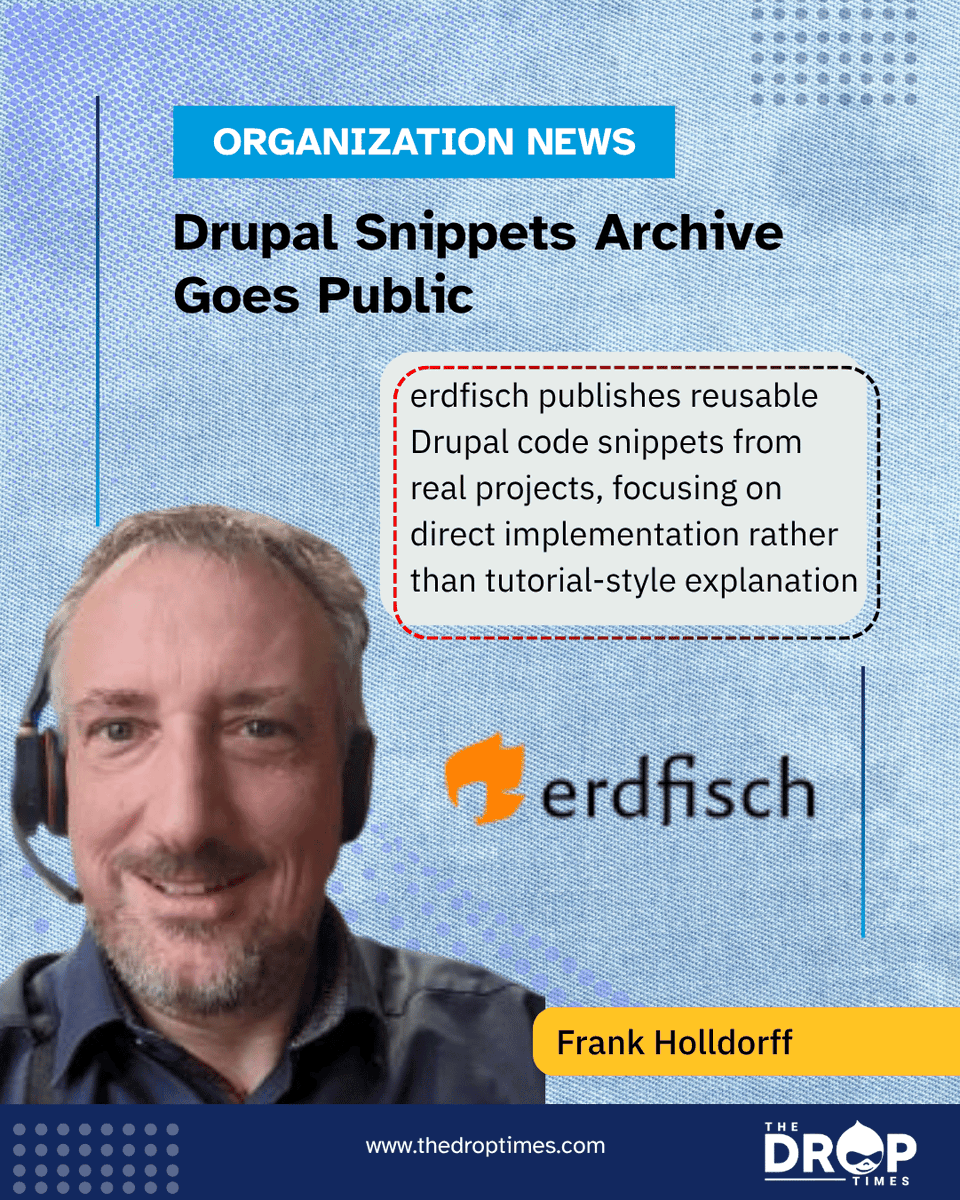 thedroptimes's tweet image. Erdfisch expands nerdfisch DevBits into a public Drupal snippet archive.

Real project code, minimal explanation, immediate reuse.

Aims to reduce repeated dev work with tested implementations.

bit.ly/41CCLkU 

#Drupal #OpenSource #DevTools #WebDev