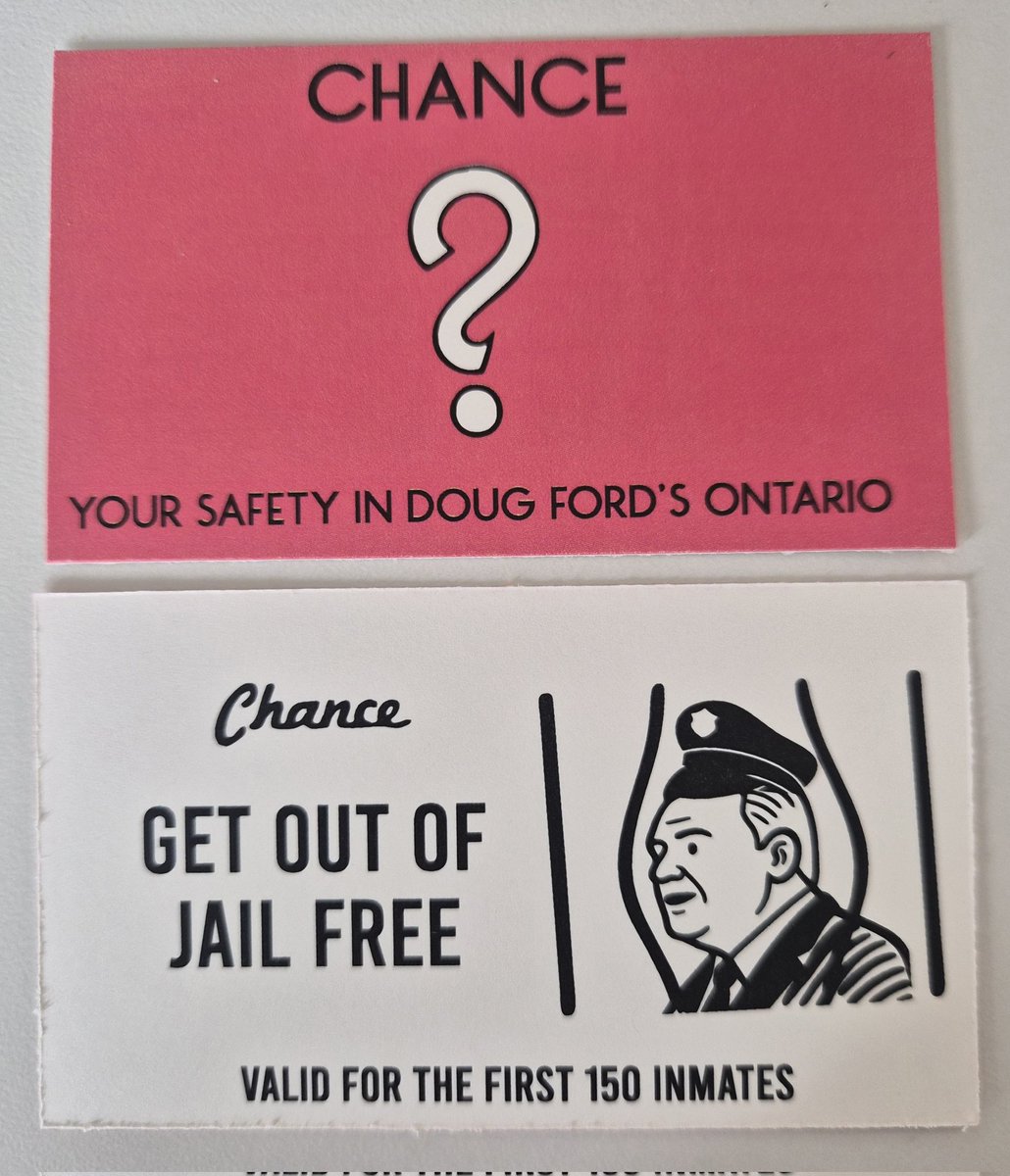 isaaccallan's tweet image. After we revealed Ontario's jails are accidentally releasing inmates, the Ontario Liberals are giving out Doug Ford themed get out of jail free cards at the legislature #OnPoli