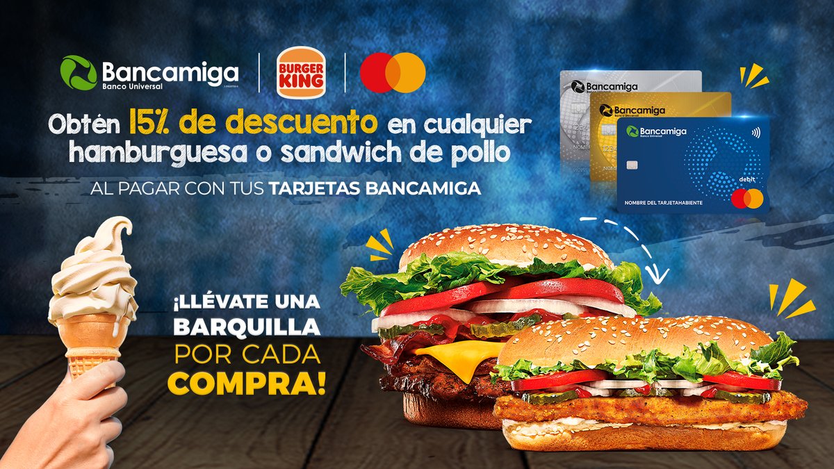 bancamiga's tweet image. Tenemos el plan perfecto para hoy 👑

Paga con tus tarjetas Bancamiga y recibe 15% de descuento en hamburguesas o sándwiches de pollo.

¡Y no olvides retirar tu barquilla de regalo! Ahorrar nunca supo tan bien.

#Bancamiga #BurgerKing #Promocion #tarjetasbancamiga