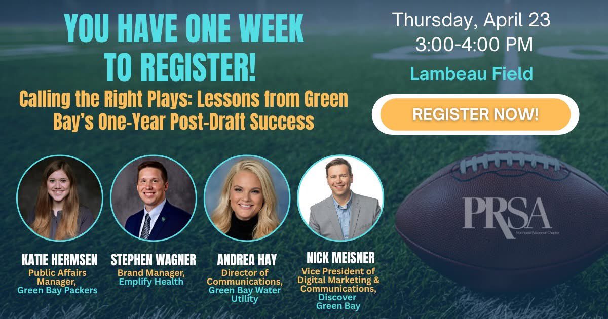 andreahay's tweet photo. You Have ONE WEEK to Register!🏈 Join PRSA Northeast Wi for a dynamic panel discussion exploring lessons from the 2025 NFL Draft in Green Bay.

📅 Thursday, April 23, 2026
🕒 3:00–4:00 PM
 📍 Lambeau Field

Register here: https://t.co/BD0hjUwQNX https://t.co/DQSEMw9o3D