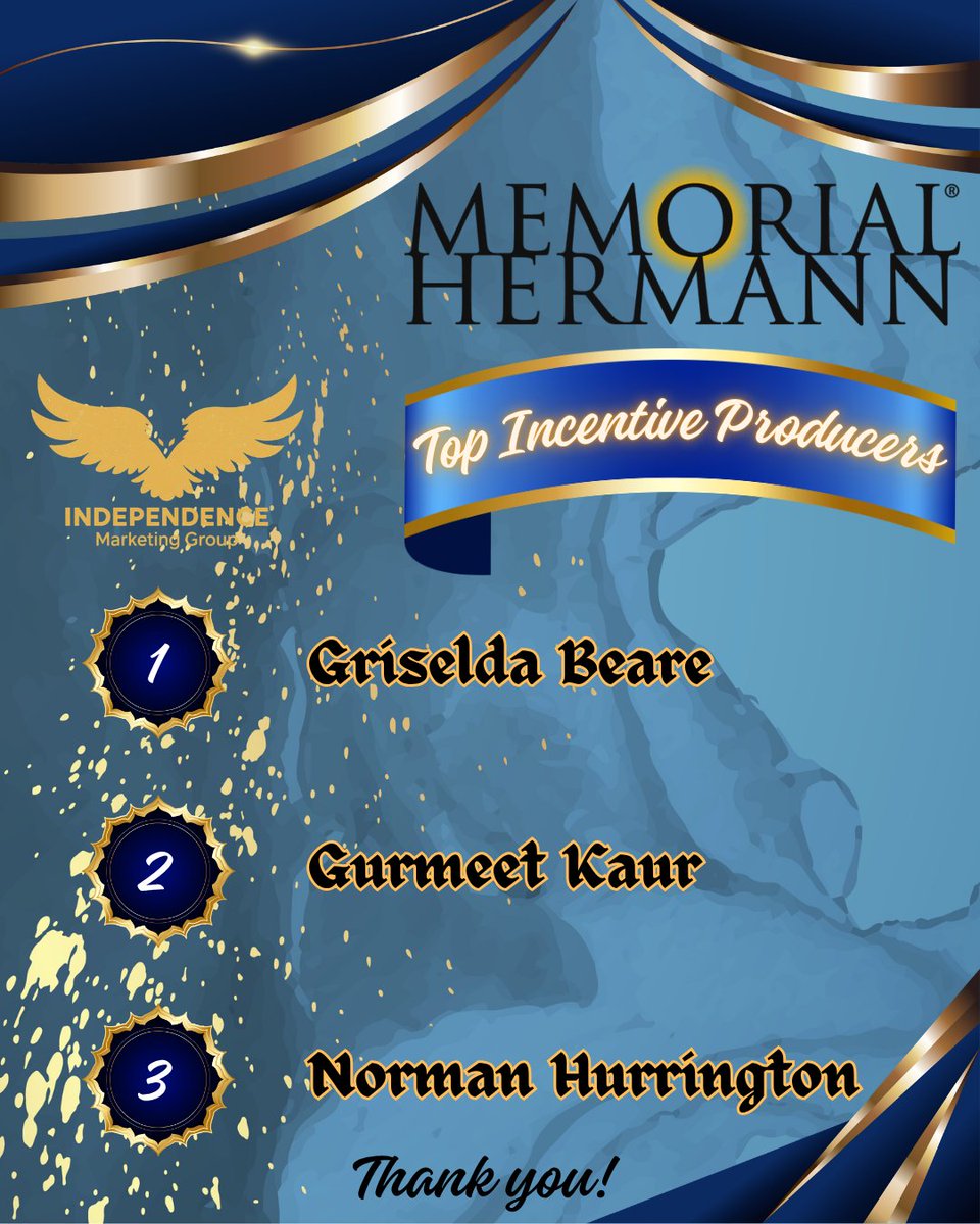 IndependenceMa7's tweet photo. Today we celebrate our Top Incentive Producers for Memorial Hermann. These outstanding agents made the top 3 ranking! Your efforts are worthwhile, keep making a difference out there!

#imgbrokerage #memorialhermann #insurance #insuranceagent #insuranceincentive #topproducers https://t.co/xEzE8yVMhT