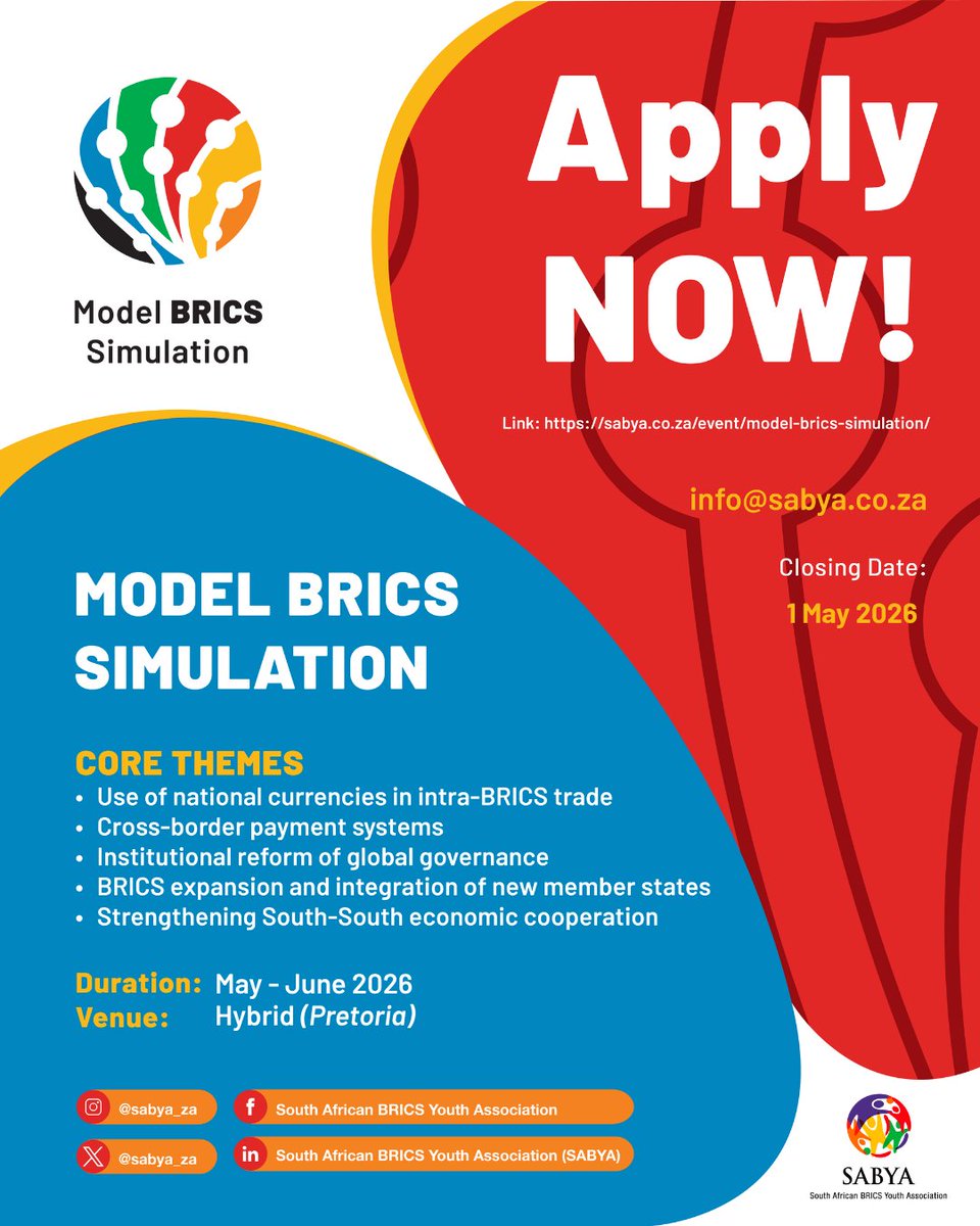 sabya_za's tweet photo. We heard you! Due to an overwhelming number of requests, we have officially EXTENDED the application deadline for the Model BRICS Simulation 2026.
New Deadline: 1 May 2026
Apply Now: https://t.co/wAfMnTxunZ
#ModelBRICS #Diplomacy #ApplicationExtension #Youth #GlobalSouth https://t.co/yZ6mxh3Vti