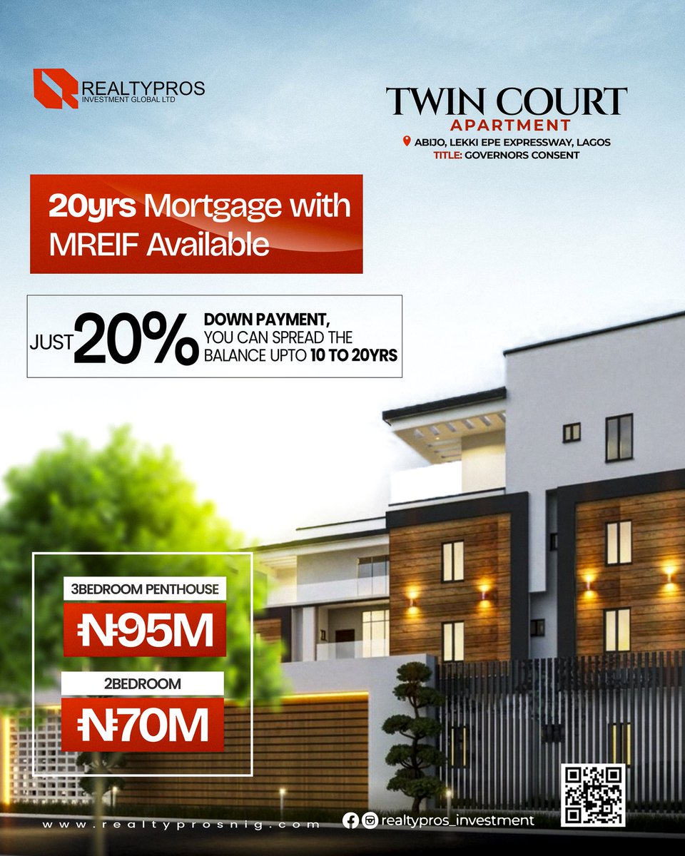 RealtyprosL's tweet image. 10-20yrs Mortgage with MREIF Available
JUST 20% DOWN PAYMENT, YOU CAN SPREAD THE BALANCE UPTO 10 TO 20YRS
3BEDROOM PENTHOUSE N95M
2BEDROOM N70M

#realtypros #smartinvestments #newopportunities