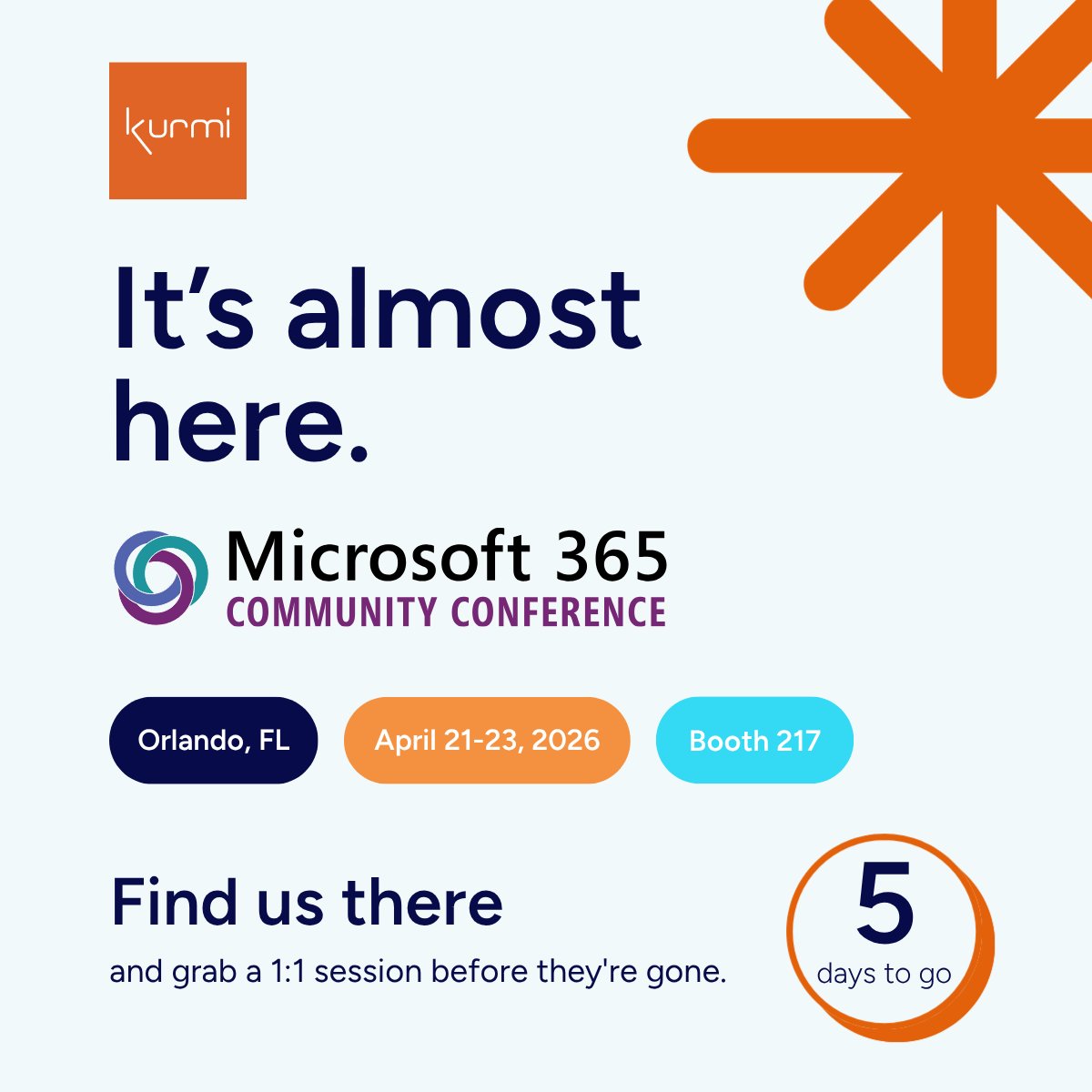 KurmiSoftware's tweet photo. Microsoft365 Community Conference kicks off next Tuesday in Orlando! Find us at booth 217 to see how Flow simplifies administration across Teams and your entire digital workplace—from centralizing workflows to automating license provisioning and more. 
https://t.co/Sa5danDK5K https://t.co/3ZUfmZVUgk