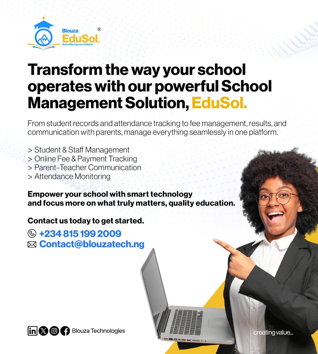 BlouzaTech's tweet photo. Contact us today to transform your institution!
#Blouza #BlouzaTechnologies #BlouzaEdusol #CreatingValue https://t.co/l5b2jFxkJF