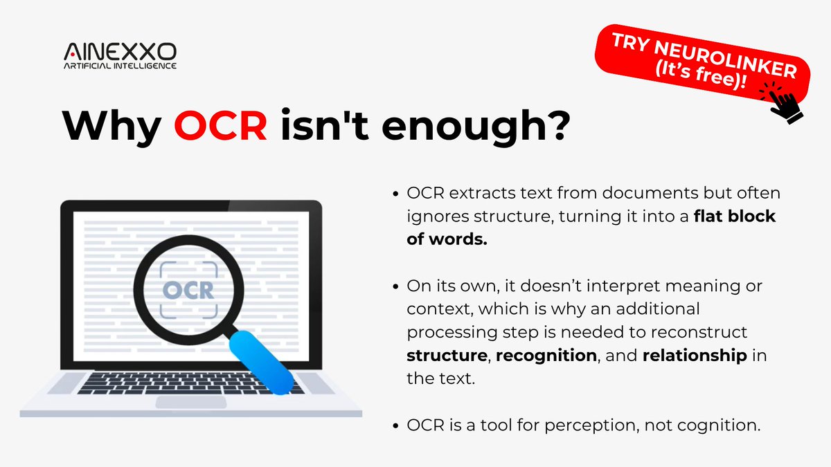 AINEXXO_'s tweet image. Traditional #OCR extracts text but loses critical information.

#NeuroLinker treats documents as visual objects. It uses custom models to parse complex elements and ground extracted fields to precise locations on the page.

Try NeuroLinker for free now!neurolinker.ainexxo.com