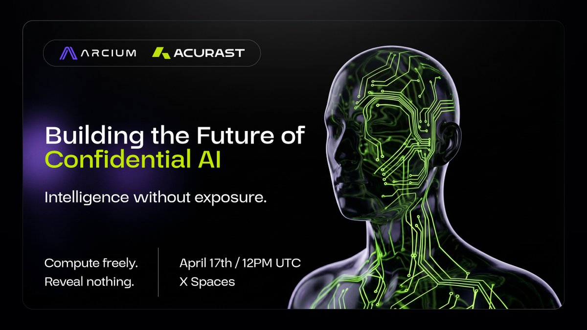 Acurast's tweet photo. Acurast &amp; @Arcium. X Spaces, tomorrow 12 PM UTC

The future of AI isn't just smart, it's private.

We're sitting down to talk about what confidential AI actually looks like, and how decentralized compute makes it possible.

Set your reminder👇
https://t.co/NNdrmQ0X3v https://t.co/bGBnfvyTn1