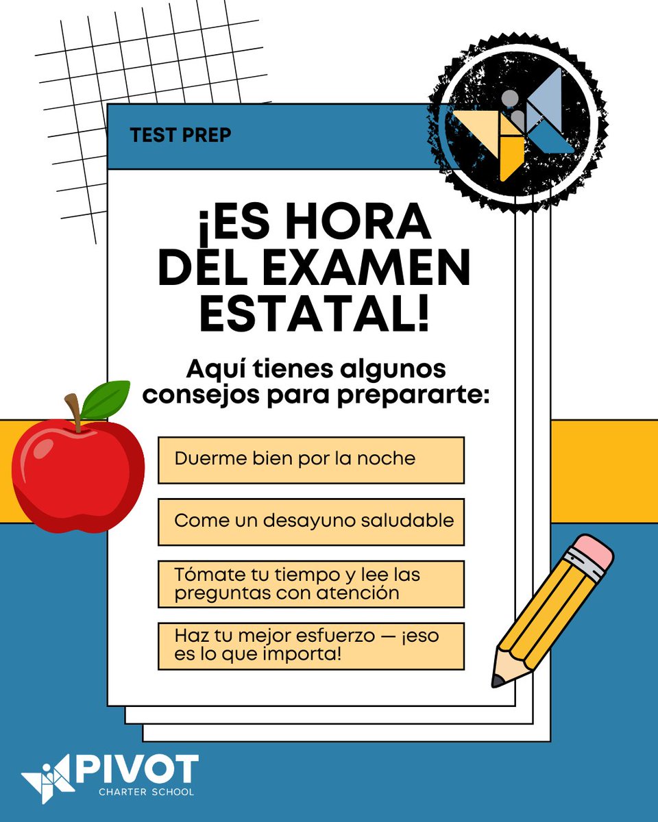 PivotSanDiego's tweet image. 📚✨ Show up, shine, and support Pivot!

April 20 - April 24 students will participate in the CAASPP state testing. These assessments help us understand student progress and strengthen our programs.

#PivotCharterSchool #StudentSuccess #TestingWeek #PivotProud