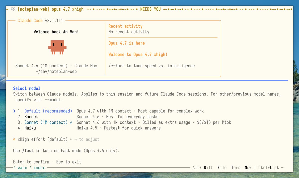 anvanvan's tweet photo. Update to Claude Code 2.1.111 to use Opus 4.7 xhigh https://t.co/gZNS33ydWg