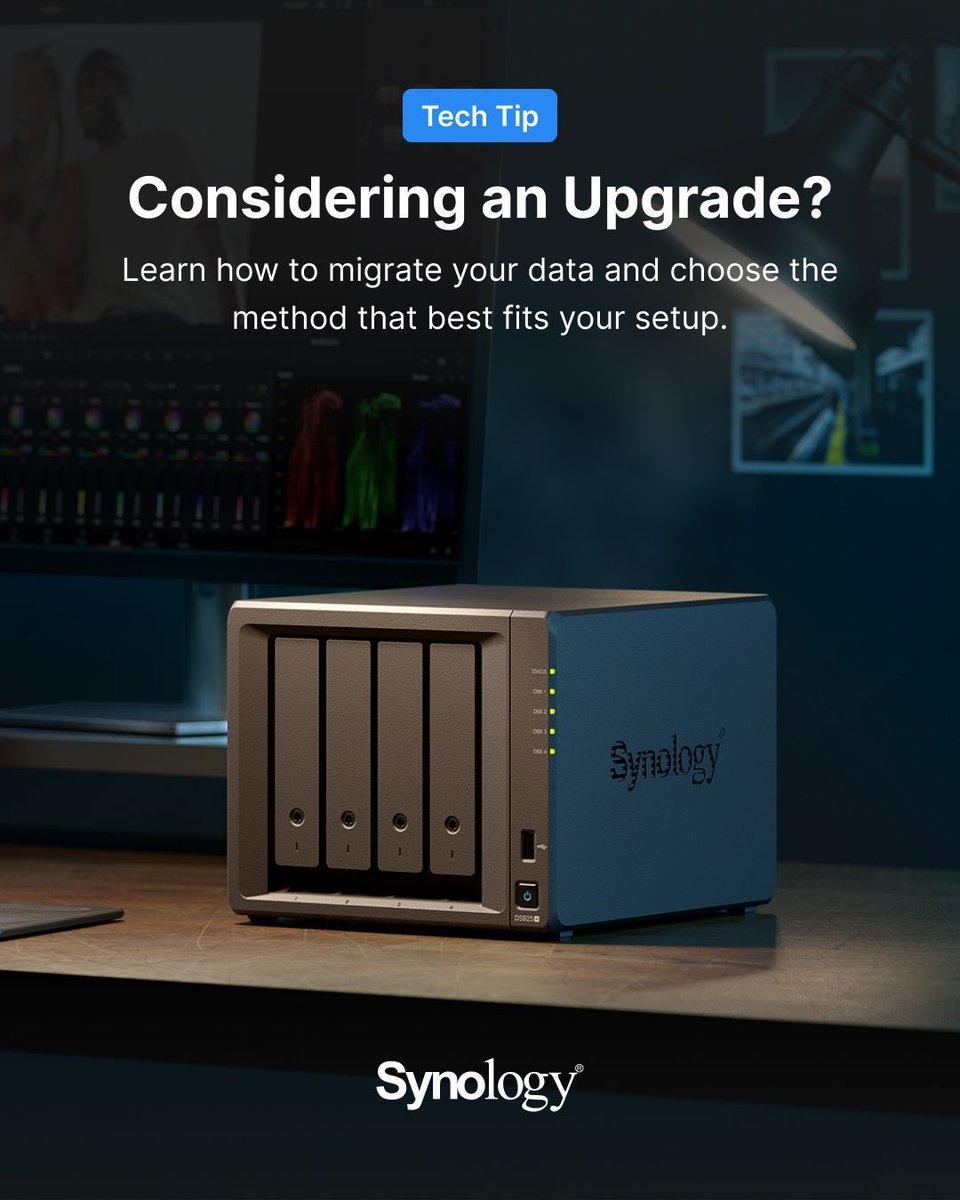 Synology's tweet image. Unlock the latest DSM capabilities by upgrading to a 25+ series NAS.

Check out step-by-step guides to migrate your data using the method that works best for you: sy.to/7lway 

#synology #networkattachedstorage #nas