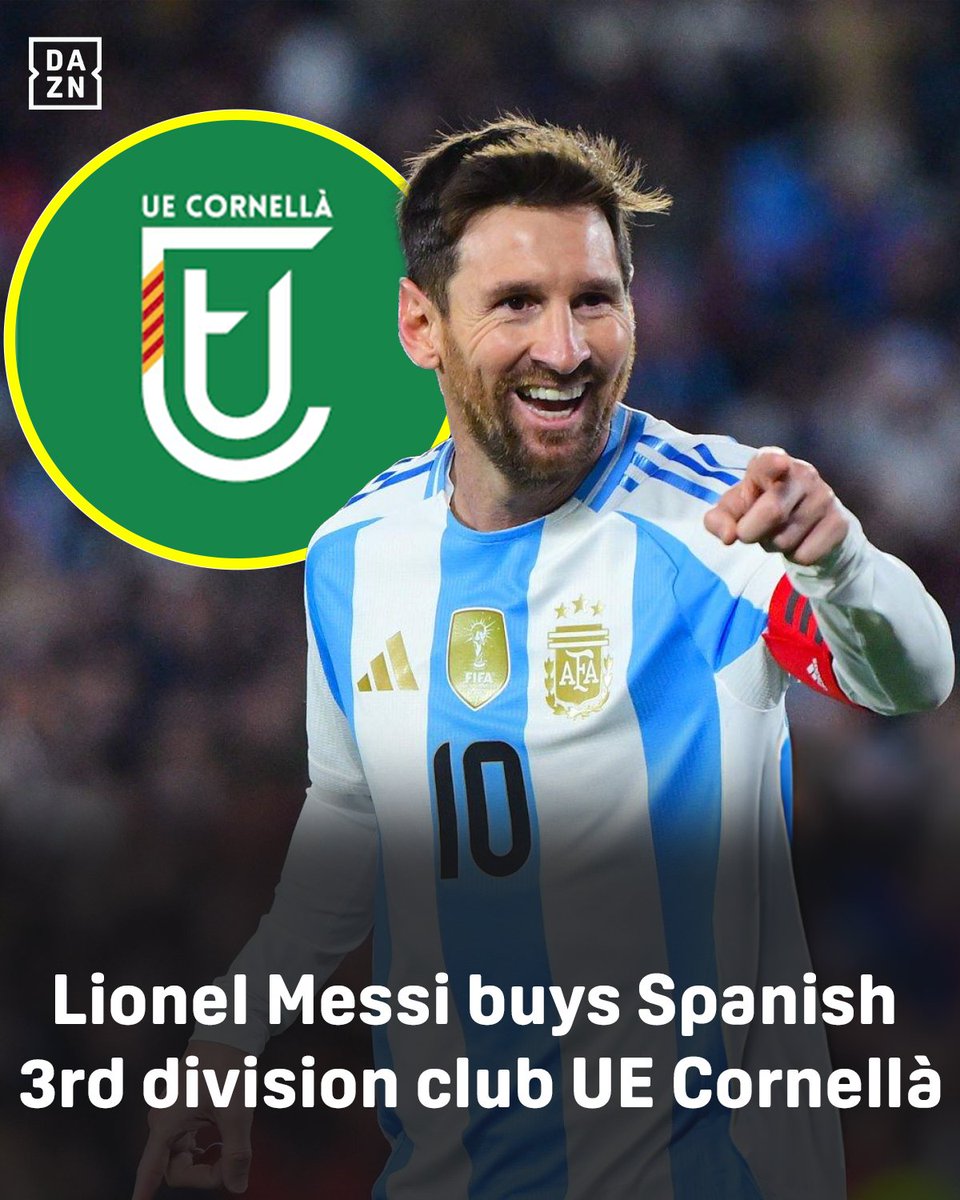 DAZNFootball's tweet photo. 🚨 Lionel Messi has completed the purchase of Spanish third-division side UE Cornellà ✍🏼

The Catalunya-based club will now be 100% owned by Messi 👀

- via @FabrizioRomano https://t.co/x2SSgVHmke