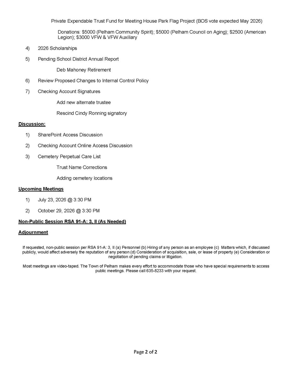 Trustee of the Trust Funds Meeting Agenda for 4-23-2026 @ 3:30 PM. The meeting will be held in the James Nagel Conference Room in Town Hall.