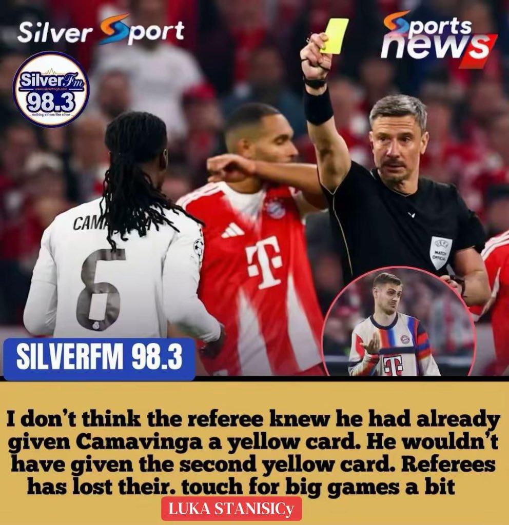 SilverfmGH's tweet image. I don’t think the referee knew he had already given Camavinga a Yellow card. He wouldn’t have given the second yellow card. Referees has lost their. Touch for big games a bit 
—🗣️🗣️LUKA STANISICY #silvertvgh #fypシ #silver #silverfm #sportscenternext #sportscenter