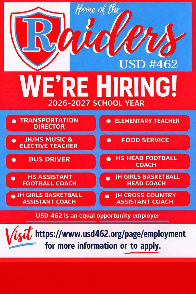 Usd462's tweet photo. Please help us spread the word - USD 462 is hiring!! https://t.co/h2Qe6bYw0F