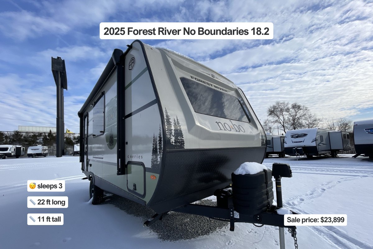 RVsDotCom_'s tweet photo. Tiny RV life 🙂‍↕️

New 2026 Forest River Campsite Reserve 17LS
Used 2023 Forest River IBEX 19QBH
Used 2023 Winnebago Hike 100 1316DB
Used 2025 Forest River No Boundaries 18.2 https://t.co/2tIDwLsKUk
