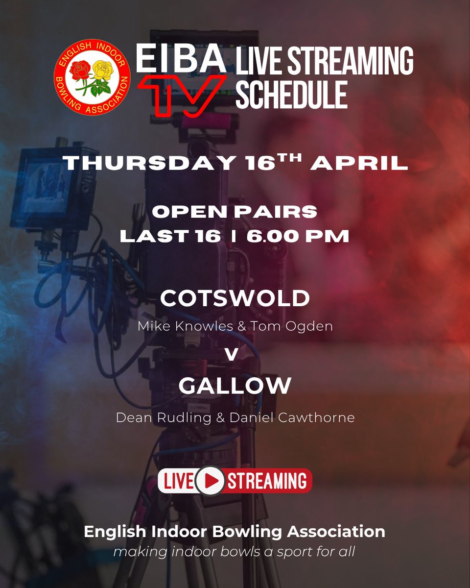 EIBABowls's tweet image. Coming up at 6pm on EIBA TV, we will be live for coverage of the National Open Pairs Last 16 match between from Cotswold and Gallow. 🎥
 
📲You can sign up and enjoy all the action, both live and on demand, here: eiba.tv/home
 
 #EIBA #EIBATV #LiveStreaming #JoymoTV