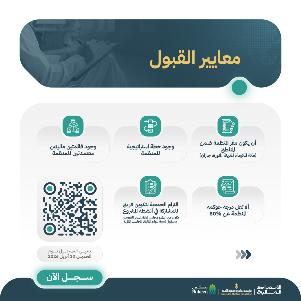 Rakeenksa's tweet photo. المنظمات التي لا تبني استدامتها المالية تبقى رهينة للظروف.

مشروع تمكين المنظمات غير الربحية في الاستدامة المالية ينقل منظمتك من البحث عن الدعم إلى صناعة الموارد.

* للمنظمات غير الربحية في مناطق (مكة | المدينة | جازان) 
* التسجيل ينتهي في 30 أبريل  

سجّل الآن🚀 ..