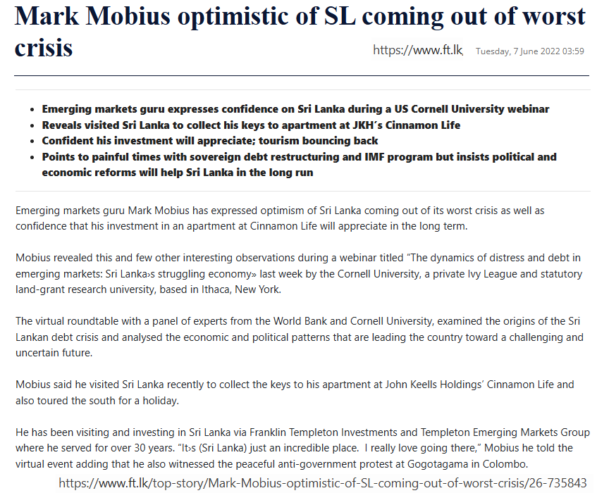 Channa_Amare's tweet image. Mark Mobius was synonymous with frontier and emerging market investing

Via Templeton Funds, he was one of the first foreign investors in the #CSE #lka when it was opened to foreigners in the early 1990s - and was a major buyer of SL bonds too

Mobius truly believed in Sri Lanka