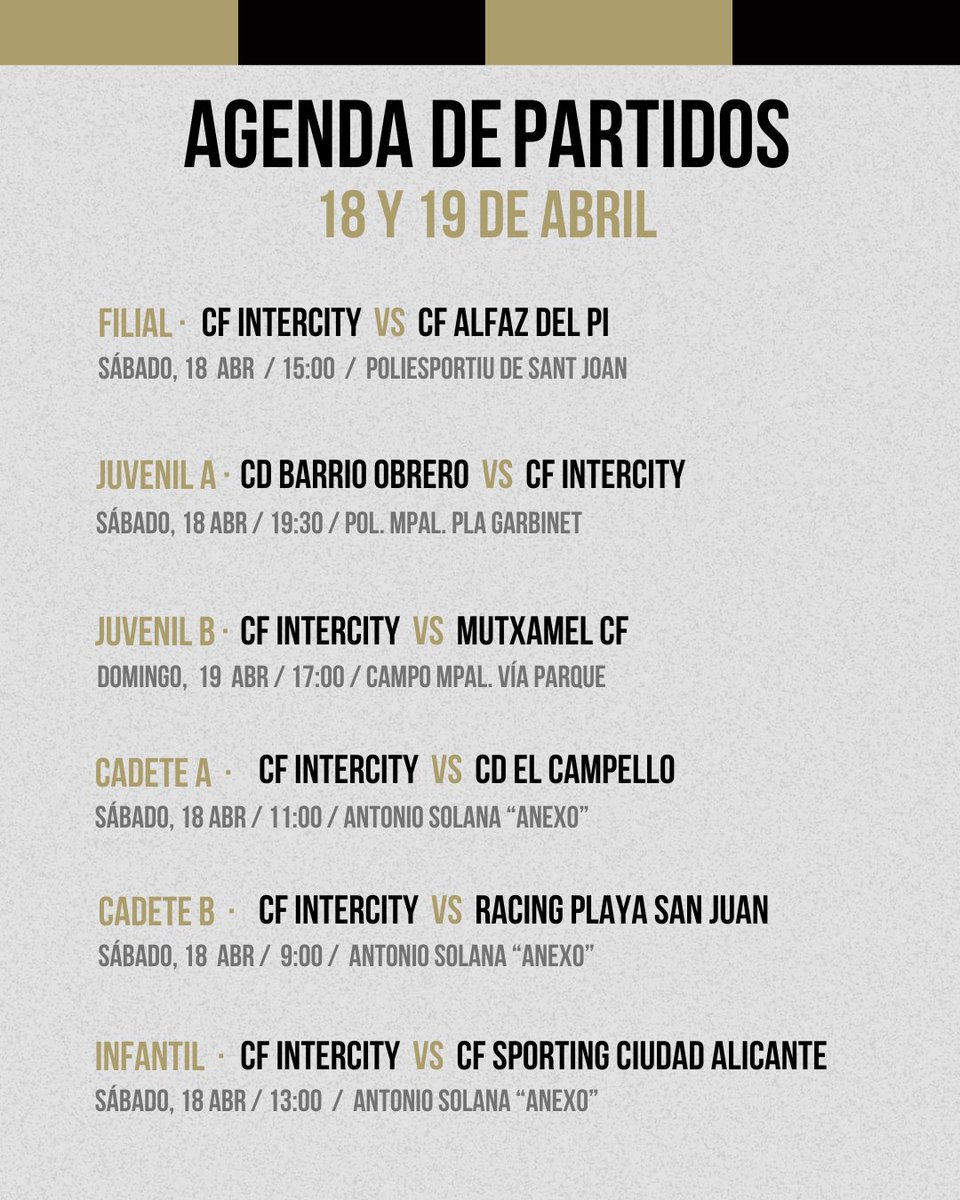 BaseCFIntercity's tweet photo. 📒⚽ 𝗛𝗢𝗥𝗔𝗥𝗜𝗢𝗦 • Estos son los partidos de nuestros equipos este fin de semana 

💪🏻🍀 ¡𝗦𝘂𝗲𝗿𝘁𝗲! https://t.co/44ElahMiO8