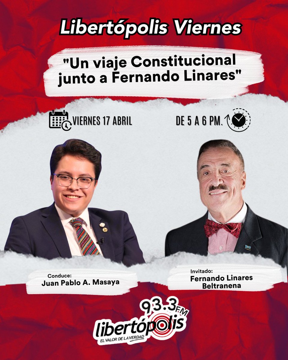 Mañana  en Libertópolis Viernes:
⚖️ Un viaje constitucional
🔎 Análisis con <a href="/FLinaresB/">Fernando Linares-Beltranena</a>

🎙️ <a href="/soyjpamasaya/">Juan Pablo</a> 

🕔 5:00 PM 📻 93.3 FM ▶️ @LibertopolisGT

#Libertopolis