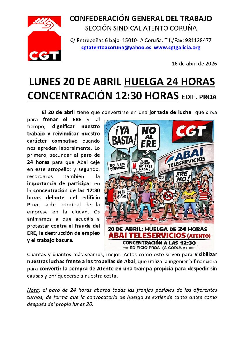 CONTRA EL FRAUDE DEL ERE, LA DESTRUCCIÓN DE EMPLEO Y EL TRABAJO BASURA:
20 DE ABRIL: HUELGA 24 H.
